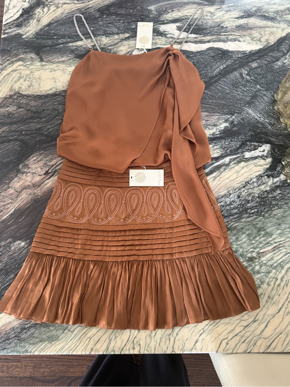 Ramy Brook Tan Embroidered Pleated Mini Skirt and Cami sold as a set - Picture 4 of 10